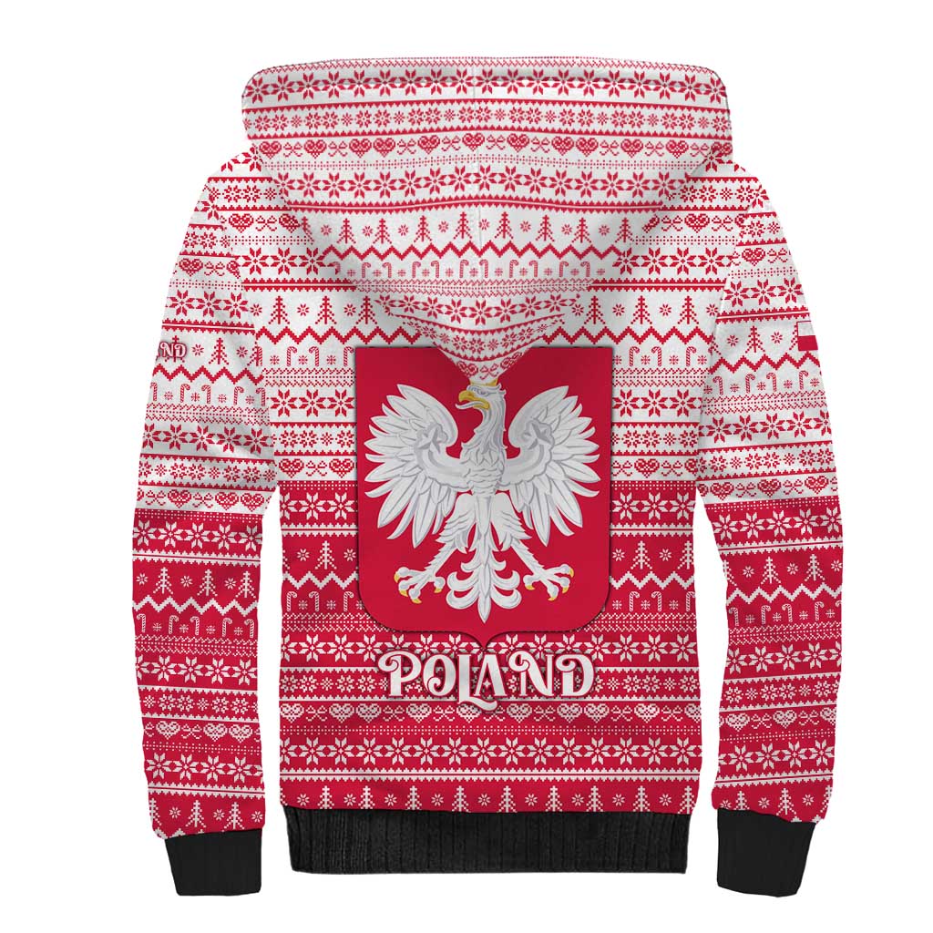 Poland Christmas Sherpa Hoodie with Santa Riding Stork White Eagle Emblem and Red Snowflake Knit Pattern Design - Wonder Print Shop