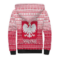 Poland Christmas Sherpa Hoodie with Santa Riding Stork White Eagle Emblem and Red Snowflake Knit Pattern Design - Wonder Print Shop