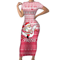 Poland Christmas Short Sleeve Bodycon Dress with Santa Riding Stork White Eagle Emblem and Red Snowflake Knit Pattern Design - Wonder Print Shop