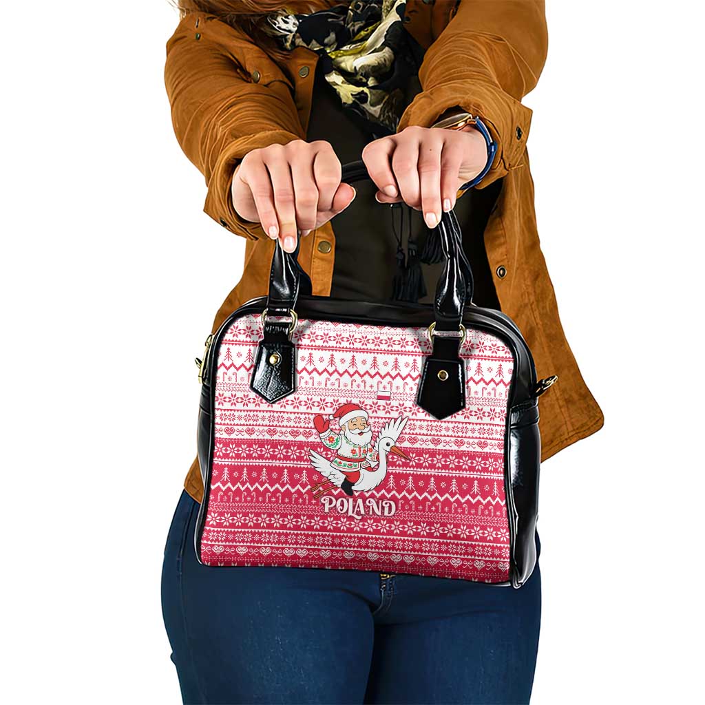 Poland Christmas Shoulder Handbag with Santa Riding Stork White Eagle Emblem and Red Snowflake Knit Pattern Design - Wonder Print Shop