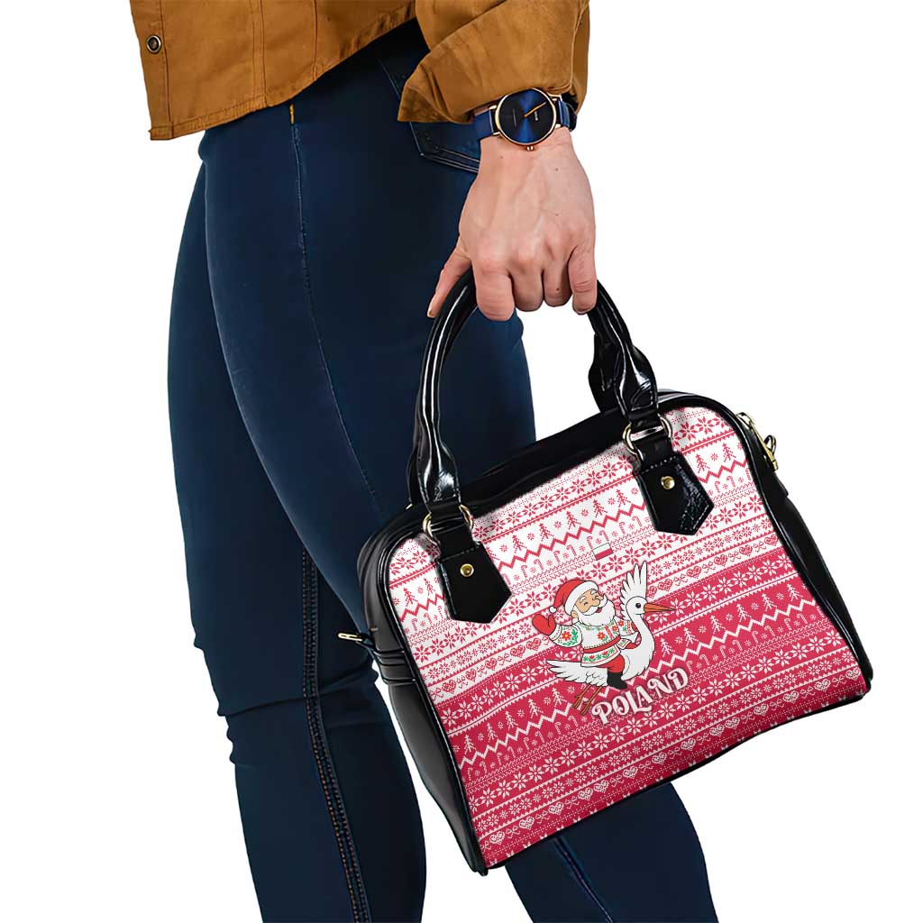Poland Christmas Shoulder Handbag with Santa Riding Stork White Eagle Emblem and Red Snowflake Knit Pattern Design - Wonder Print Shop