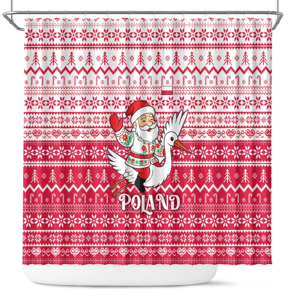 Poland Christmas Shower Curtain with Santa Riding Stork White Eagle Emblem and Red Snowflake Knit Pattern Design - Wonder Print Shop