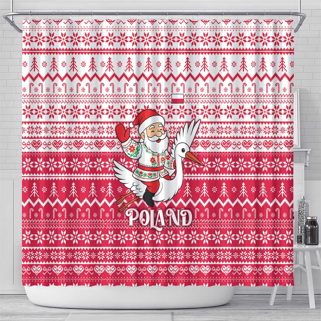 Poland Christmas Shower Curtain with Santa Riding Stork White Eagle Emblem and Red Snowflake Knit Pattern Design - Wonder Print Shop