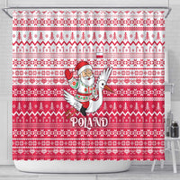 Poland Christmas Shower Curtain with Santa Riding Stork White Eagle Emblem and Red Snowflake Knit Pattern Design - Wonder Print Shop