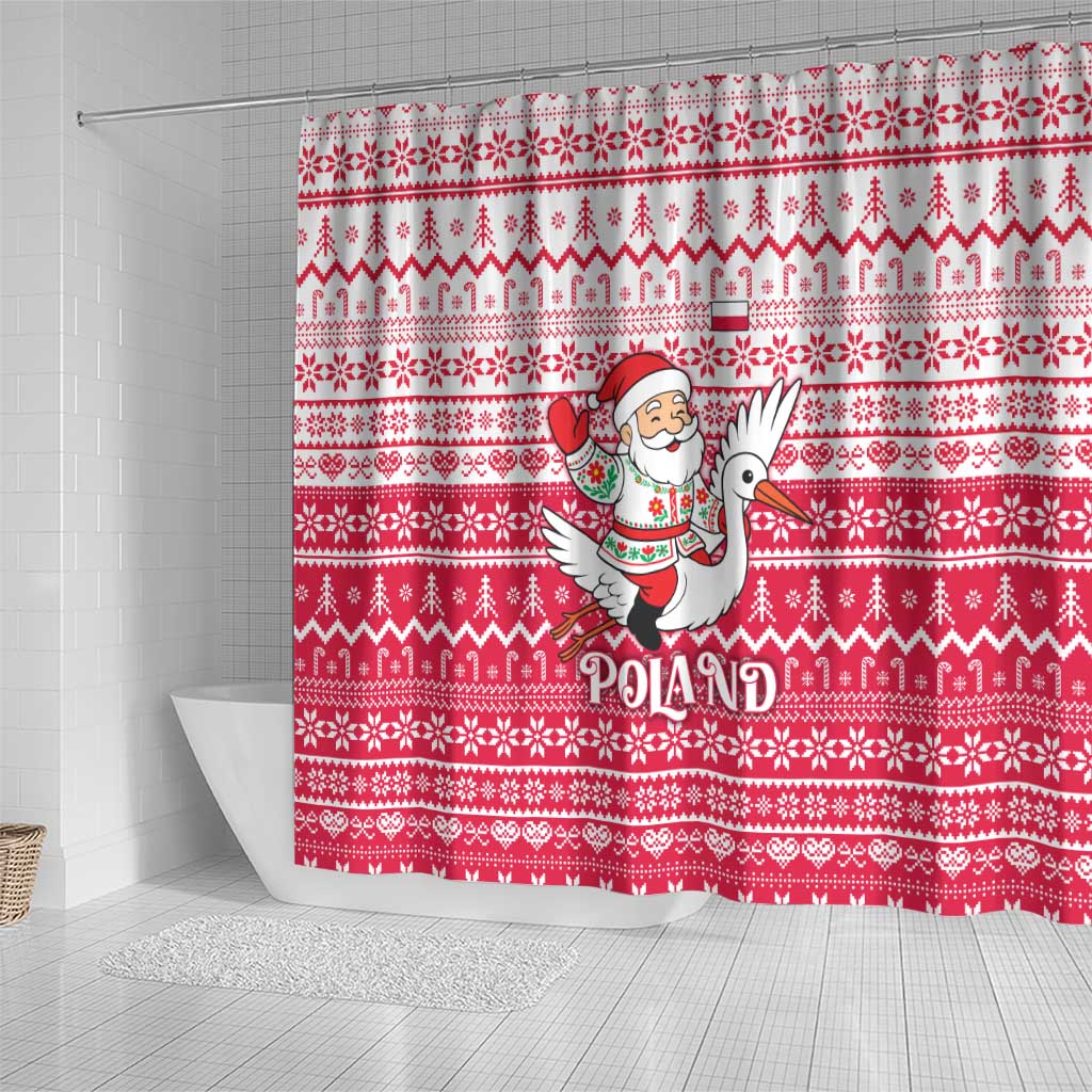 Poland Christmas Shower Curtain with Santa Riding Stork White Eagle Emblem and Red Snowflake Knit Pattern Design - Wonder Print Shop