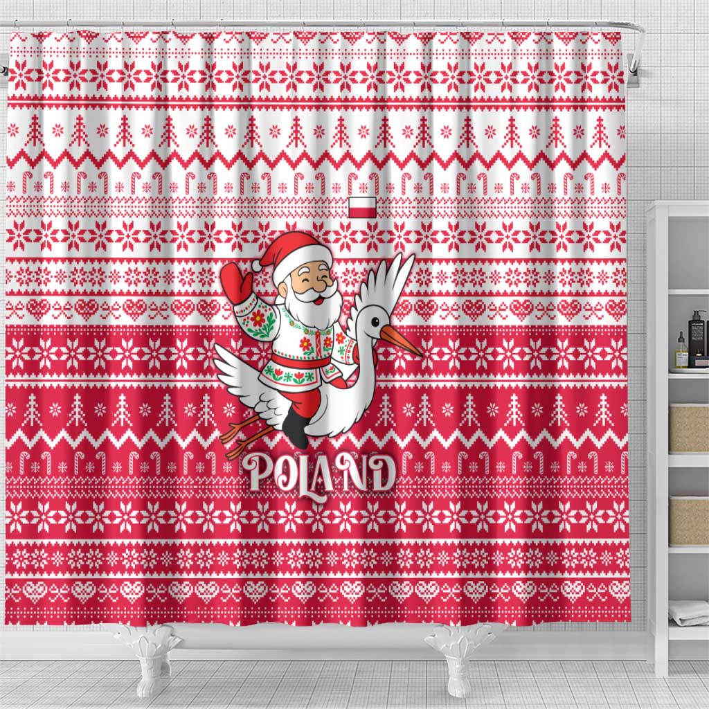 Poland Christmas Shower Curtain with Santa Riding Stork White Eagle Emblem and Red Snowflake Knit Pattern Design - Wonder Print Shop