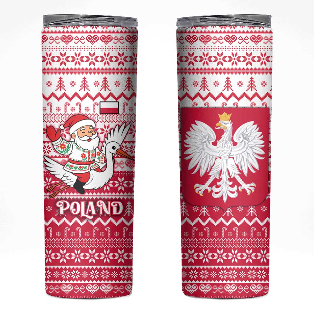 Poland Christmas Skinny Tumbler with Santa Riding Stork White Eagle Emblem and Red Snowflake Knit Pattern Design - Wonder Print Shop