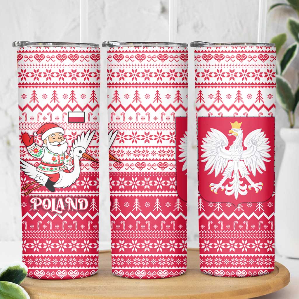 Poland Christmas Skinny Tumbler with Santa Riding Stork White Eagle Emblem and Red Snowflake Knit Pattern Design - Wonder Print Shop