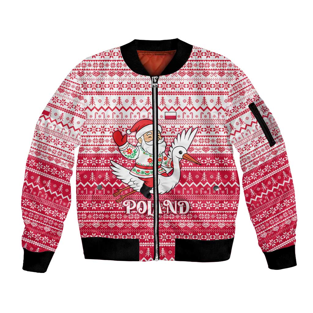 Poland Christmas Sleeve Zip Bomber Jacket with Santa Riding Stork White Eagle Emblem and Red Snowflake Knit Pattern Design - Wonder Print Shop