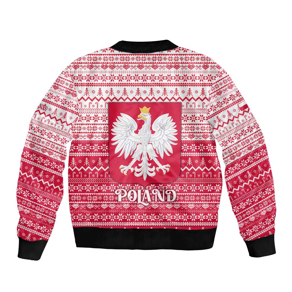 Poland Christmas Sleeve Zip Bomber Jacket with Santa Riding Stork White Eagle Emblem and Red Snowflake Knit Pattern Design - Wonder Print Shop