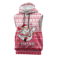 Poland Christmas Sleeveless Hoodie with Santa Riding Stork White Eagle Emblem and Red Snowflake Knit Pattern Design - Wonder Print Shop