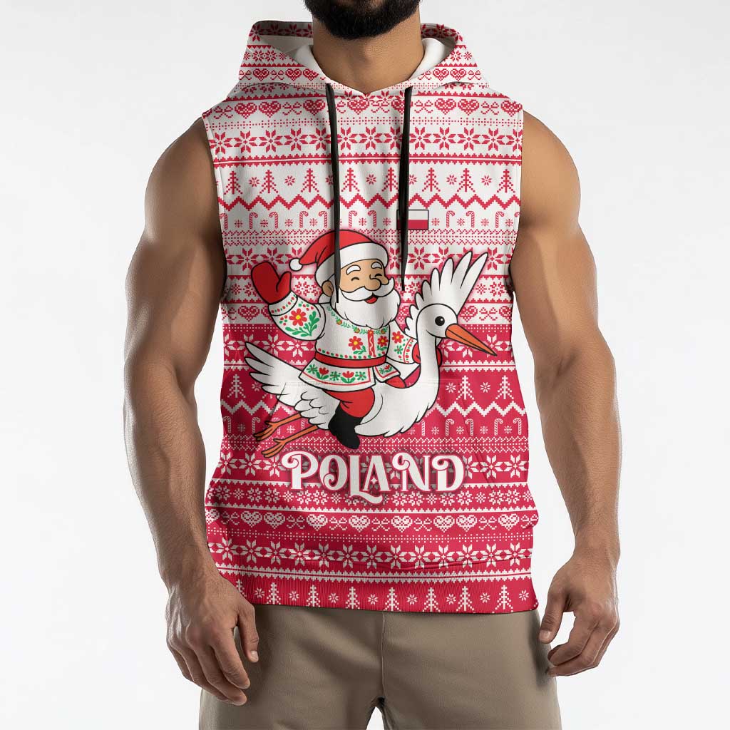 Poland Christmas Sleeveless Hoodie with Santa Riding Stork White Eagle Emblem and Red Snowflake Knit Pattern Design - Wonder Print Shop