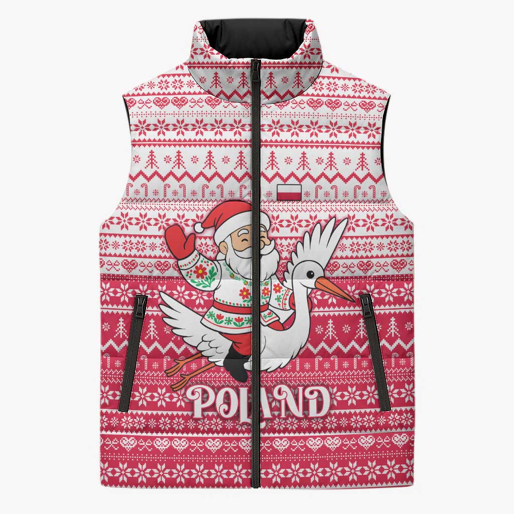 Poland Christmas Sleeveless Puffer Jacket with Santa Riding Stork White Eagle Emblem and Red Snowflake Knit Pattern Design - Wonder Print Shop