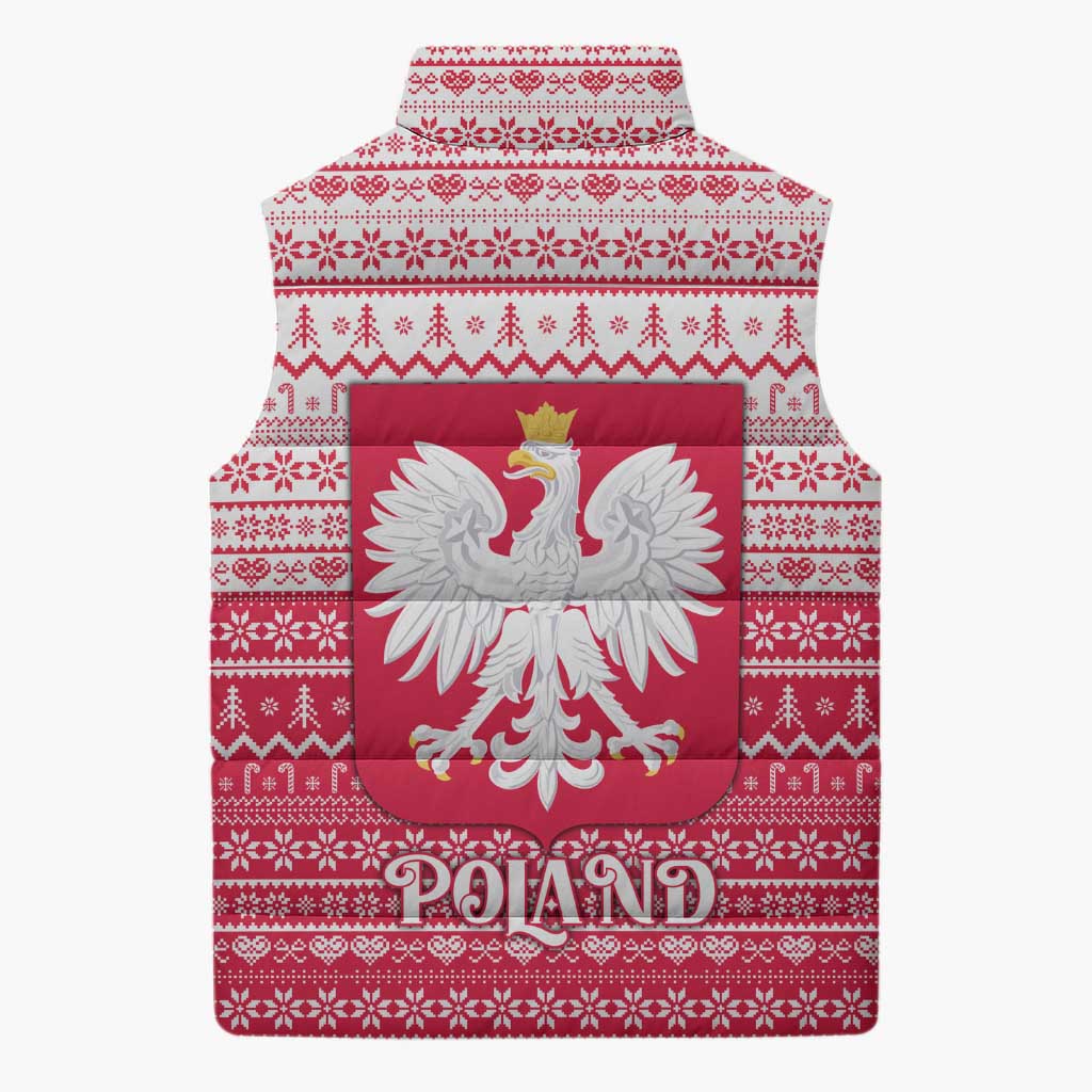 Poland Christmas Sleeveless Puffer Jacket with Santa Riding Stork White Eagle Emblem and Red Snowflake Knit Pattern Design - Wonder Print Shop