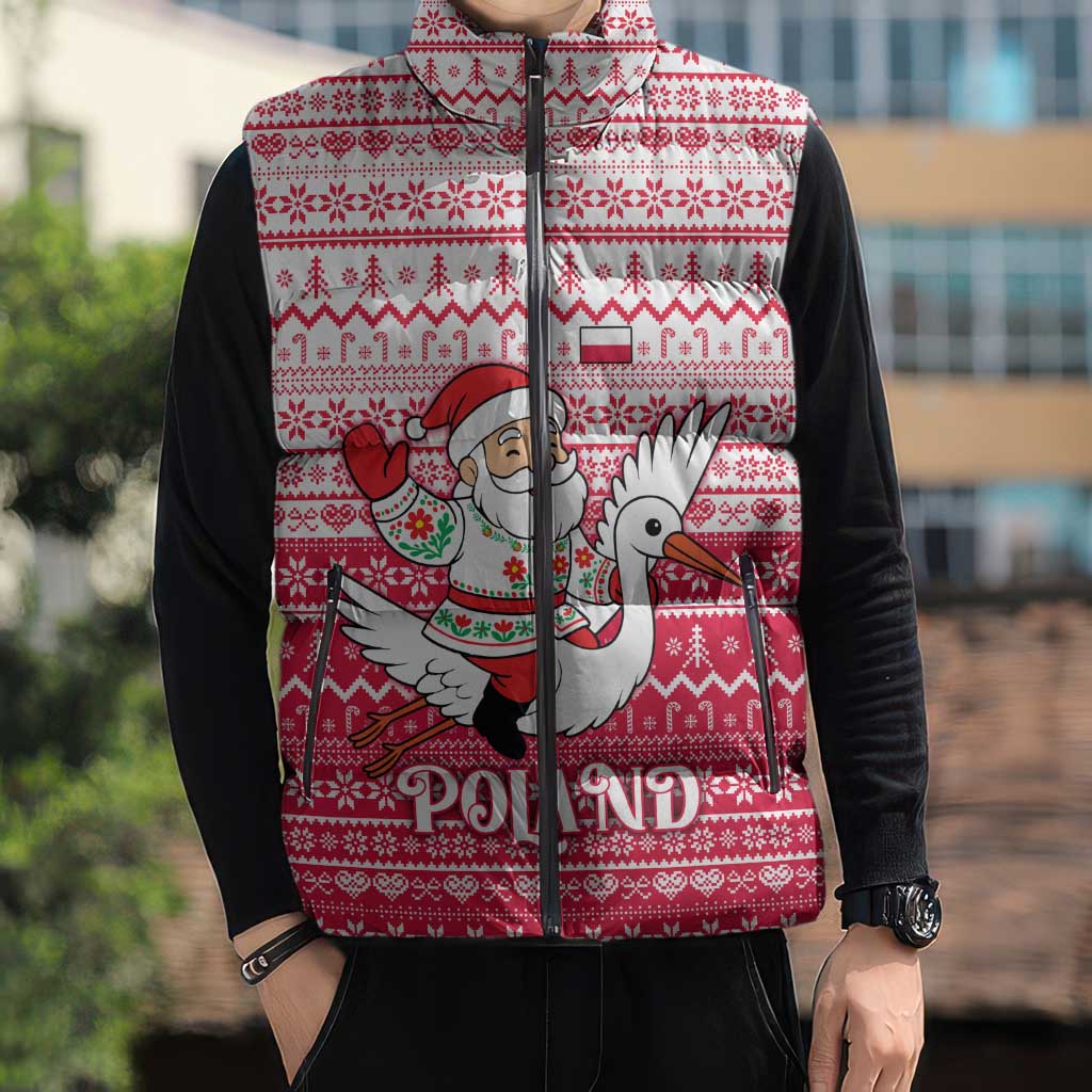 Poland Christmas Sleeveless Puffer Jacket with Santa Riding Stork White Eagle Emblem and Red Snowflake Knit Pattern Design - Wonder Print Shop