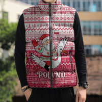 Poland Christmas Sleeveless Puffer Jacket with Santa Riding Stork White Eagle Emblem and Red Snowflake Knit Pattern Design - Wonder Print Shop