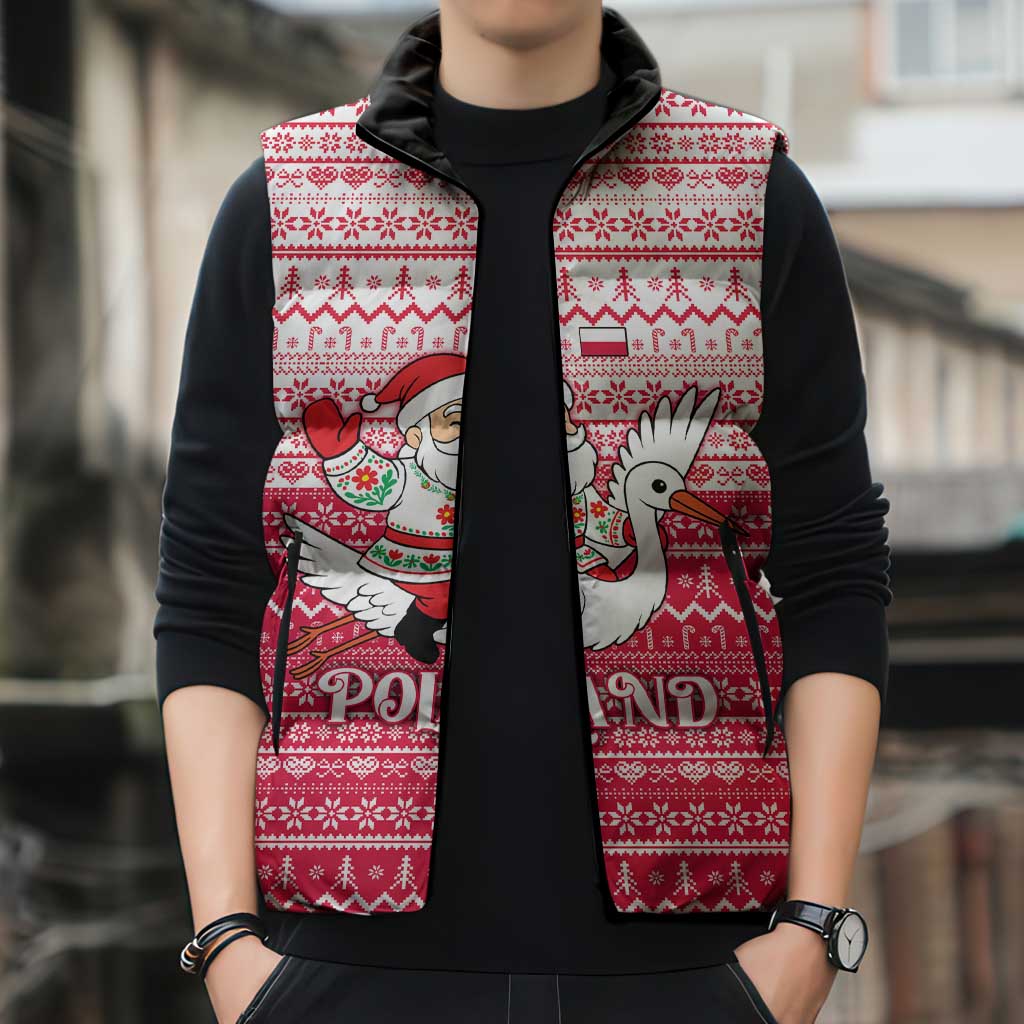 Poland Christmas Sleeveless Puffer Jacket with Santa Riding Stork White Eagle Emblem and Red Snowflake Knit Pattern Design - Wonder Print Shop