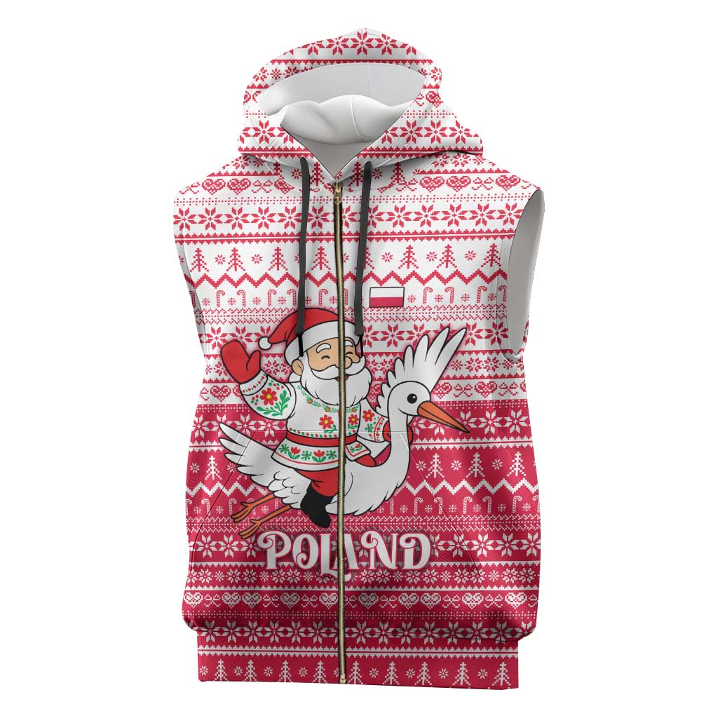 Poland Christmas Sleeveless Zip Hoodie with Santa Riding Stork White Eagle Emblem and Red Snowflake Knit Pattern Design - Wonder Print Shop