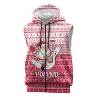Poland Christmas Sleeveless Zip Hoodie with Santa Riding Stork White Eagle Emblem and Red Snowflake Knit Pattern Design - Wonder Print Shop
