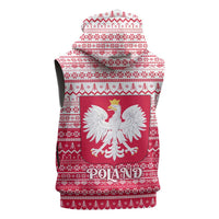 Poland Christmas Sleeveless Zip Hoodie with Santa Riding Stork White Eagle Emblem and Red Snowflake Knit Pattern Design - Wonder Print Shop