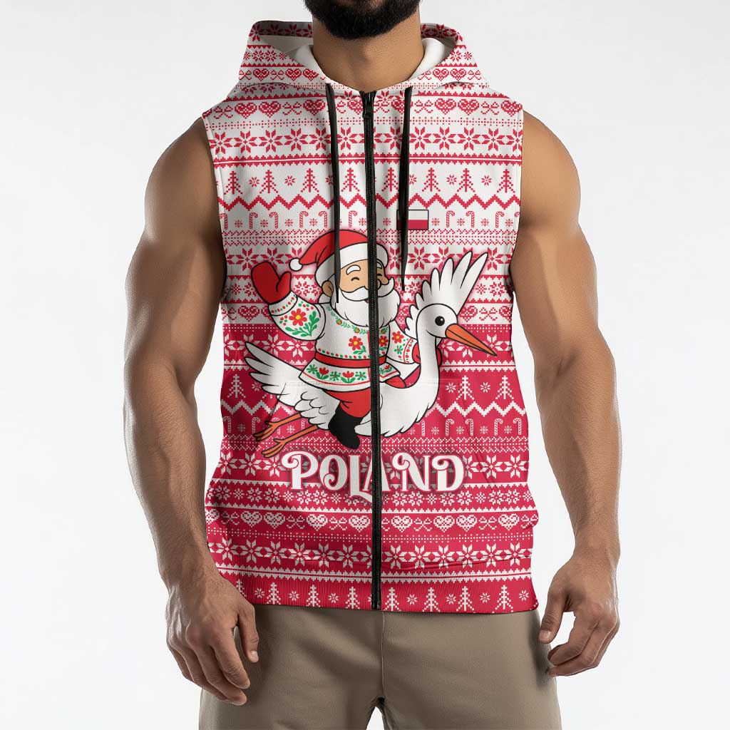 Poland Christmas Sleeveless Zip Hoodie with Santa Riding Stork White Eagle Emblem and Red Snowflake Knit Pattern Design - Wonder Print Shop