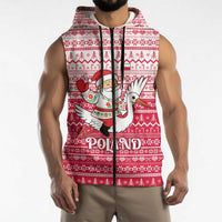 Poland Christmas Sleeveless Zip Hoodie with Santa Riding Stork White Eagle Emblem and Red Snowflake Knit Pattern Design - Wonder Print Shop