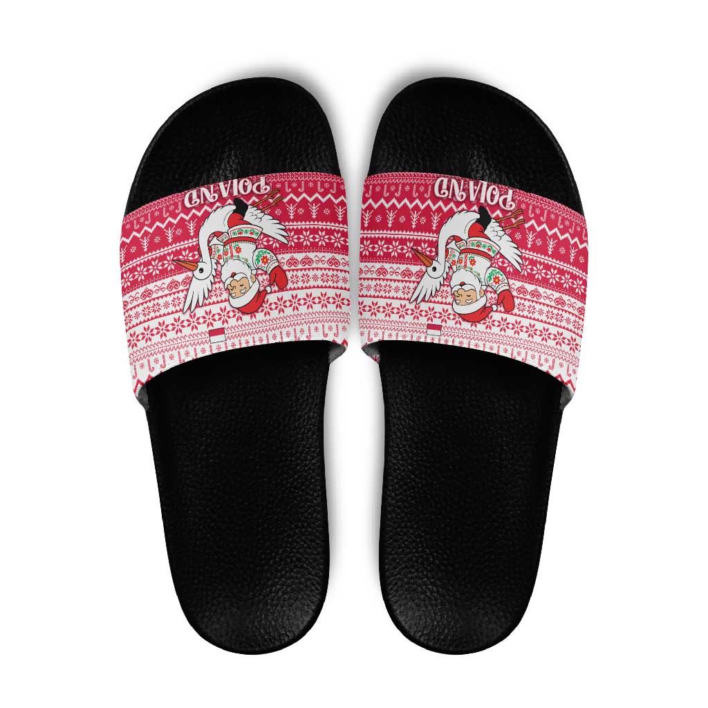 Poland Christmas Slide Sandals with Santa Riding Stork White Eagle Emblem and Red Snowflake Knit Pattern Design - Wonder Print Shop