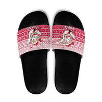 Poland Christmas Slide Sandals with Santa Riding Stork White Eagle Emblem and Red Snowflake Knit Pattern Design - Wonder Print Shop
