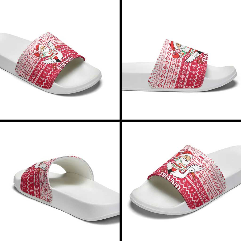 Poland Christmas Slide Sandals with Santa Riding Stork White Eagle Emblem and Red Snowflake Knit Pattern Design - Wonder Print Shop