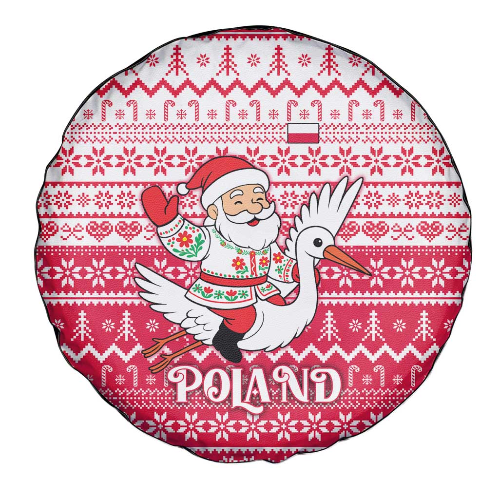 Poland Christmas Spare Tire Cover with Santa Riding Stork White Eagle Emblem and Red Snowflake Knit Pattern Design - Wonder Print Shop