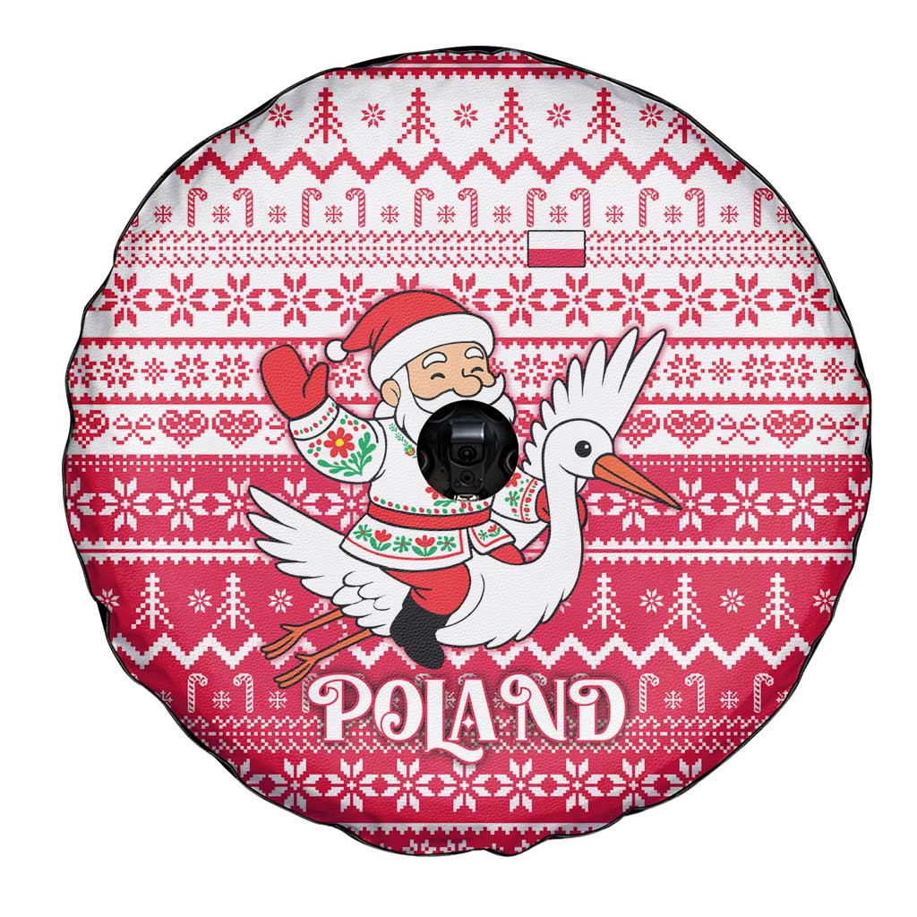 Poland Christmas Spare Tire Cover with Santa Riding Stork White Eagle Emblem and Red Snowflake Knit Pattern Design - Wonder Print Shop