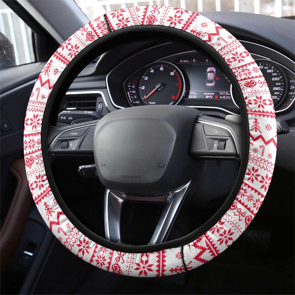 Poland Christmas Steering Wheel Cover with Santa Riding Stork White Eagle Emblem and Red Snowflake Knit Pattern Design - Wonder Print Shop