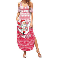 Poland Christmas Summer Maxi Dress with Santa Riding Stork White Eagle Emblem and Red Snowflake Knit Pattern Design - Wonder Print Shop
