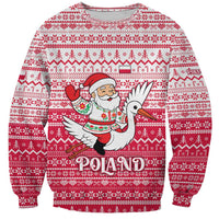 Poland Christmas Sweatshirt with Santa Riding Stork White Eagle Emblem and Red Snowflake Knit Pattern Design - Wonder Print Shop