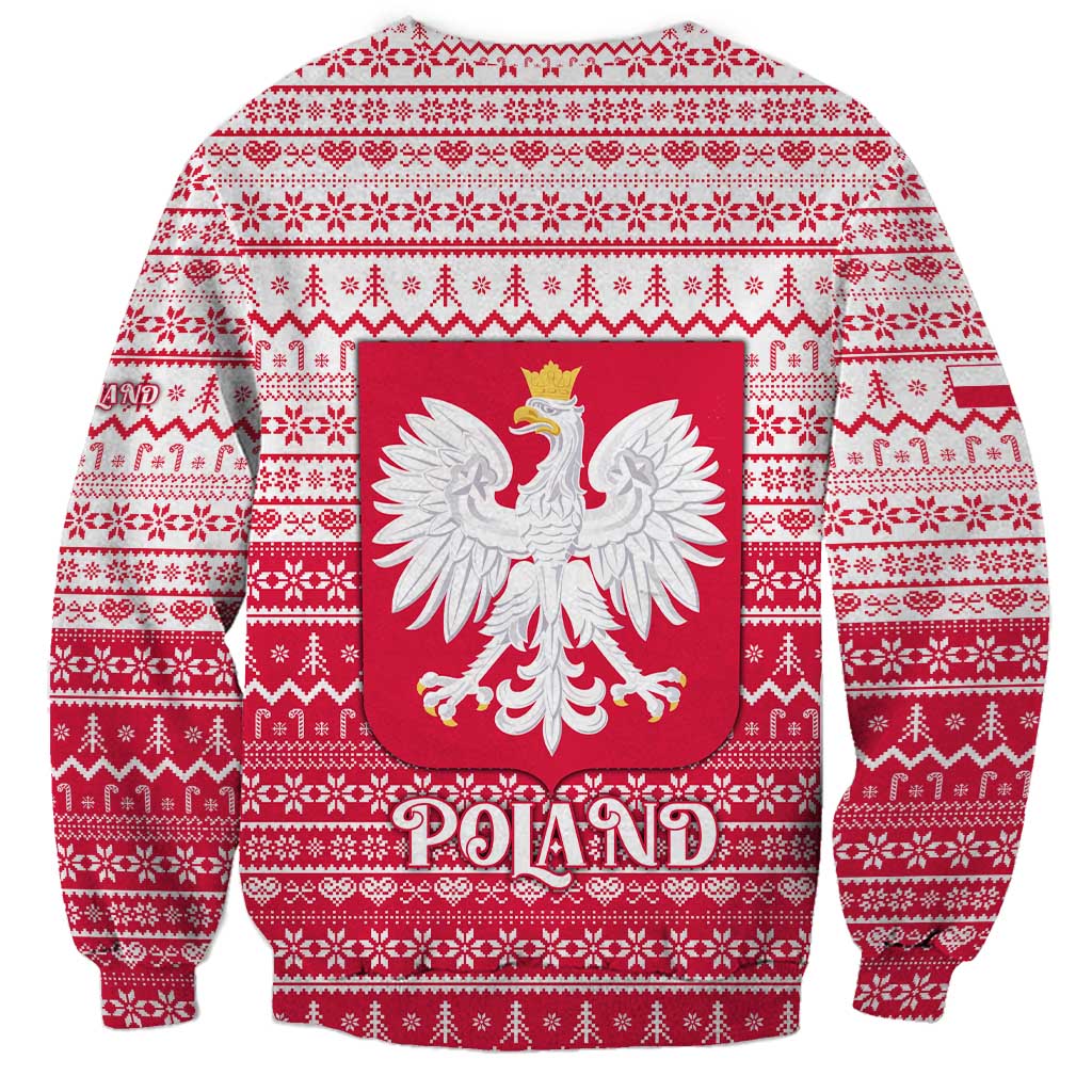 Poland Christmas Sweatshirt with Santa Riding Stork White Eagle Emblem and Red Snowflake Knit Pattern Design - Wonder Print Shop