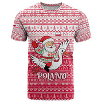 Poland Christmas T Shirt with Santa Riding Stork White Eagle Emblem and Red Snowflake Knit Pattern Design - Wonder Print Shop