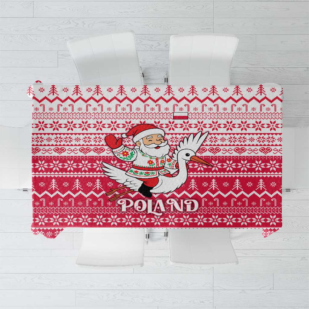 Poland Christmas Tablecloth with Santa Riding Stork White Eagle Emblem and Red Snowflake Knit Pattern Design - Wonder Print Shop