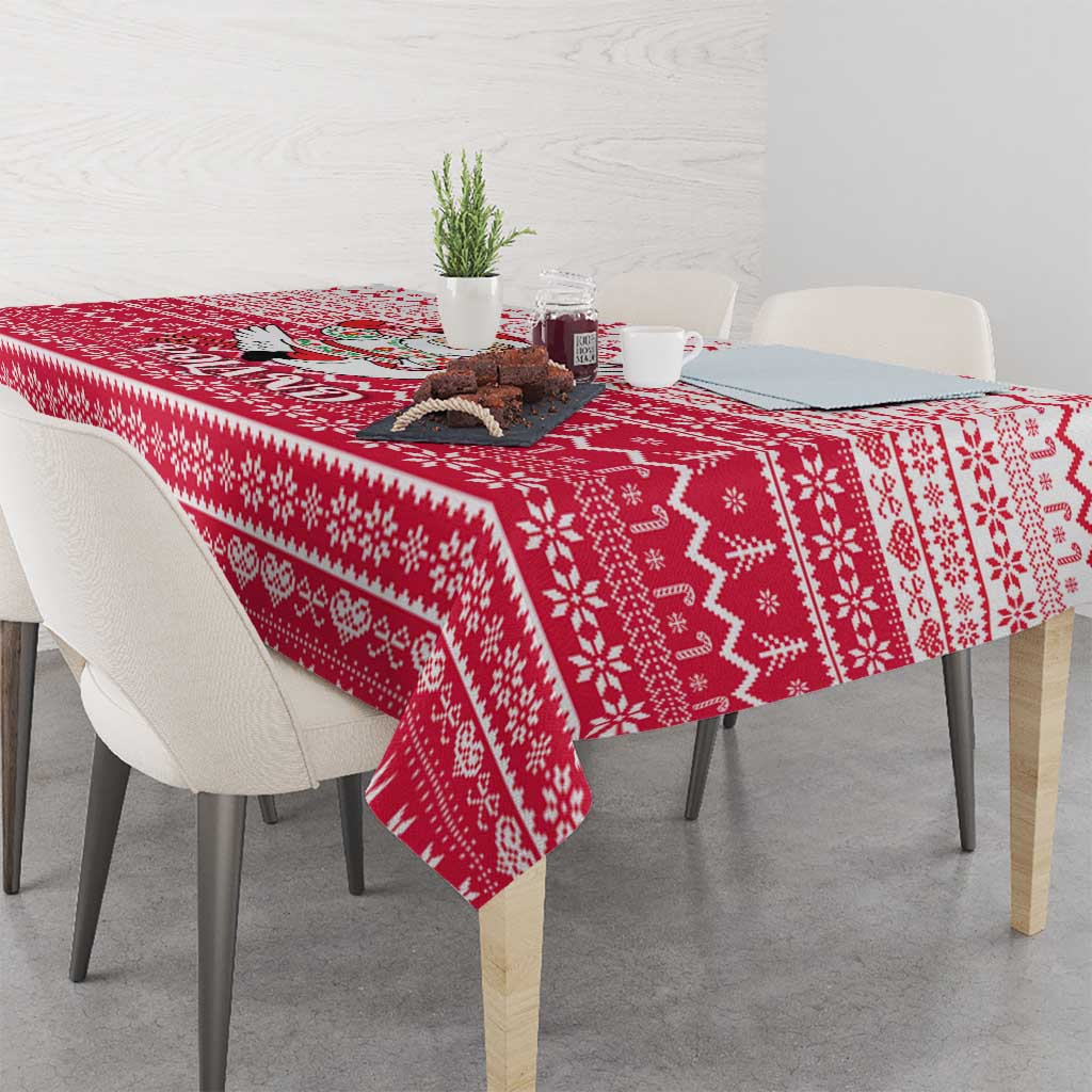 Poland Christmas Tablecloth with Santa Riding Stork White Eagle Emblem and Red Snowflake Knit Pattern Design - Wonder Print Shop