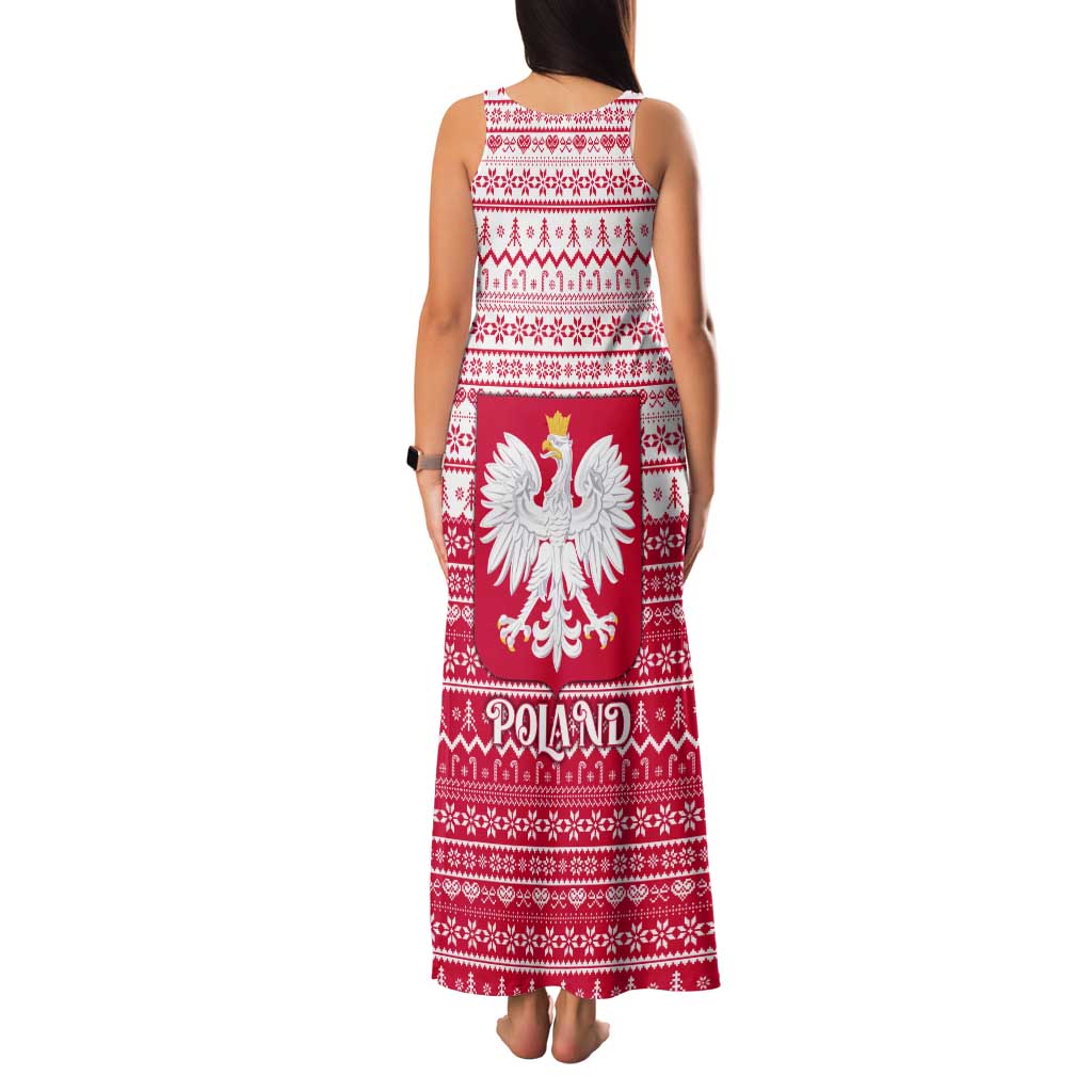 Poland Christmas Tank Maxi Dress with Santa Riding Stork White Eagle Emblem and Red Snowflake Knit Pattern Design - Wonder Print Shop