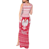 Poland Christmas Tank Maxi Dress with Santa Riding Stork White Eagle Emblem and Red Snowflake Knit Pattern Design - Wonder Print Shop