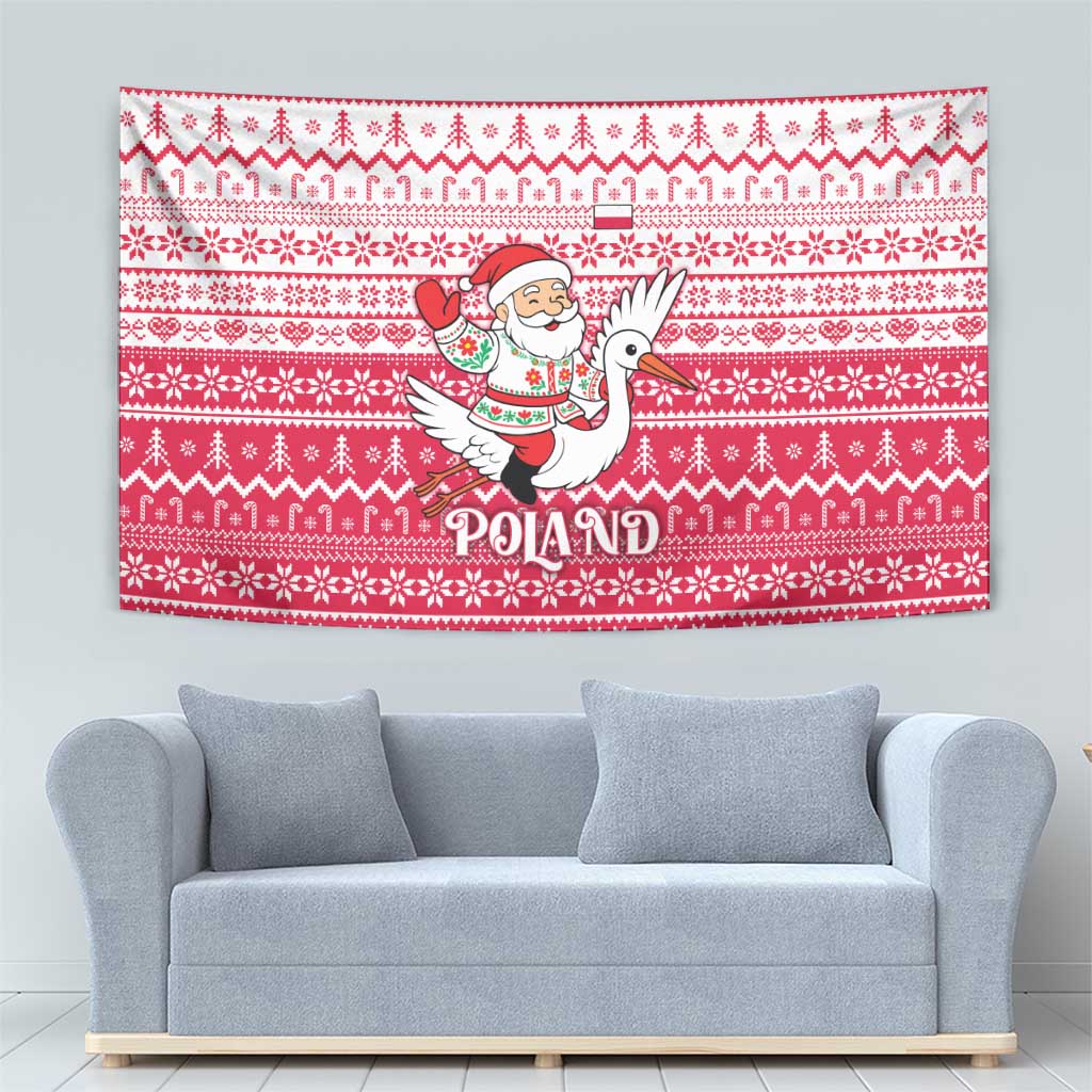 Poland Christmas Tapestry with Santa Riding Stork White Eagle Emblem and Red Snowflake Knit Pattern Design - Wonder Print Shop