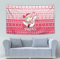 Poland Christmas Tapestry with Santa Riding Stork White Eagle Emblem and Red Snowflake Knit Pattern Design - Wonder Print Shop