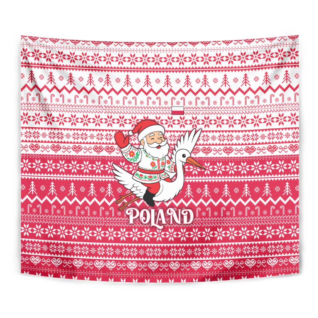 Poland Christmas Tapestry with Santa Riding Stork White Eagle Emblem and Red Snowflake Knit Pattern Design - Wonder Print Shop