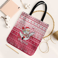 Poland Christmas Tote Bag with Santa Riding Stork White Eagle Emblem and Red Snowflake Knit Pattern Design - Wonder Print Shop