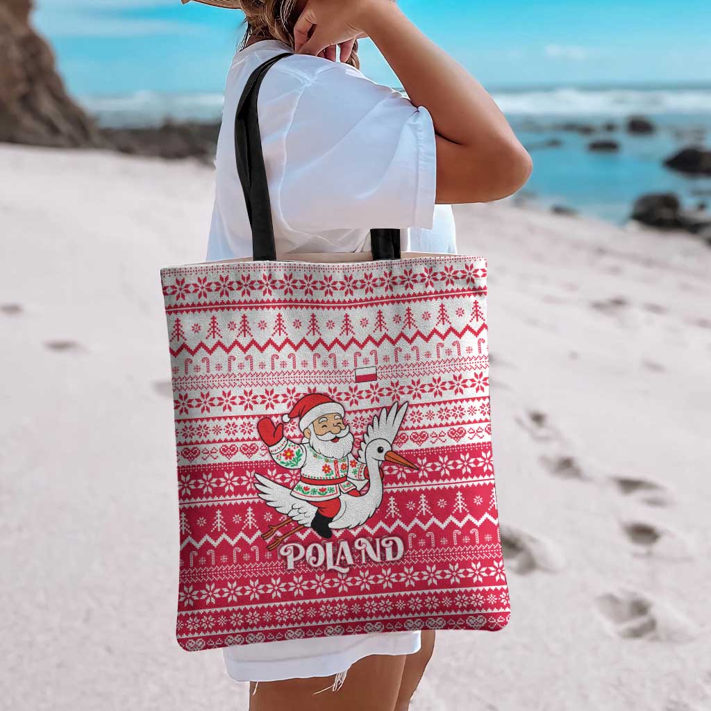 Poland Christmas Tote Bag with Santa Riding Stork White Eagle Emblem and Red Snowflake Knit Pattern Design - Wonder Print Shop