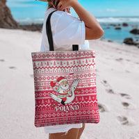 Poland Christmas Tote Bag with Santa Riding Stork White Eagle Emblem and Red Snowflake Knit Pattern Design - Wonder Print Shop