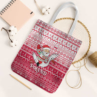 Poland Christmas Tote Bag with Santa Riding Stork White Eagle Emblem and Red Snowflake Knit Pattern Design - Wonder Print Shop