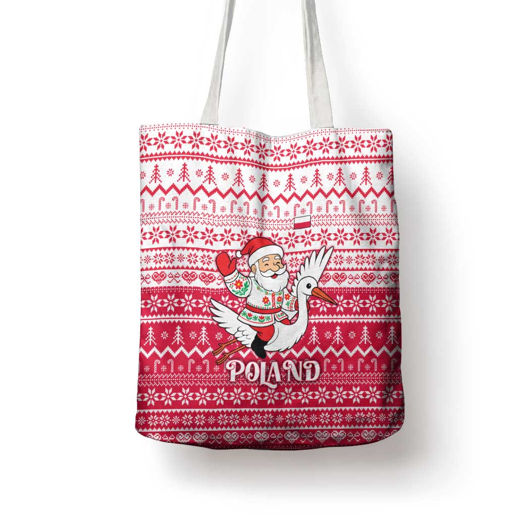 Poland Christmas Tote Bag with Santa Riding Stork White Eagle Emblem and Red Snowflake Knit Pattern Design - Wonder Print Shop