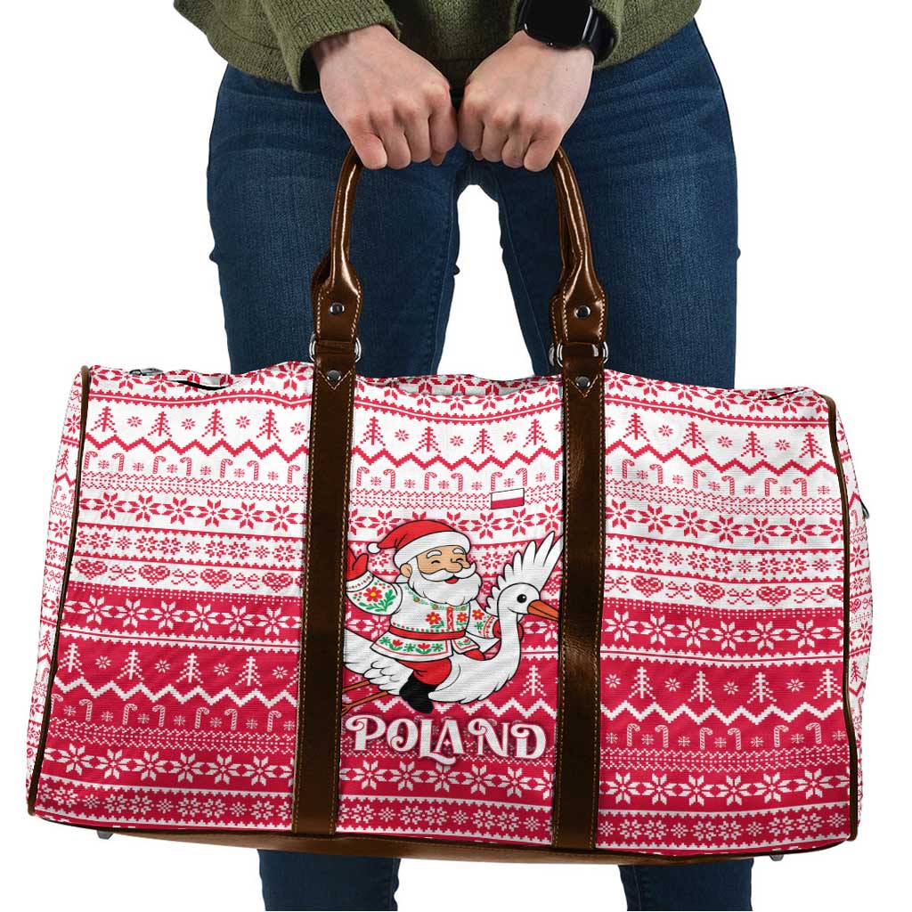 Poland Christmas Travel Bag with Santa Riding Stork White Eagle Emblem and Red Snowflake Knit Pattern Design - Wonder Print Shop