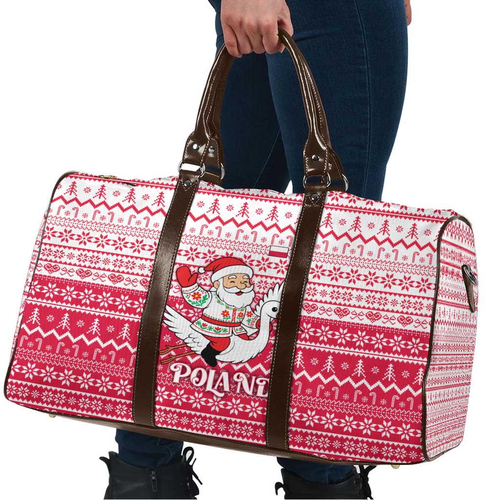 Poland Christmas Travel Bag with Santa Riding Stork White Eagle Emblem and Red Snowflake Knit Pattern Design - Wonder Print Shop